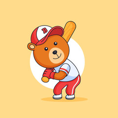 Chubby bear ready to hit the ball with baseball bat animal mascot sport character vector outline illustration cartoon design