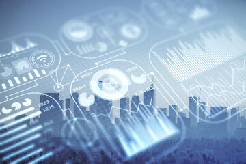 Double exposure of technology theme hologram and cityscape background. Concept of Hightech.