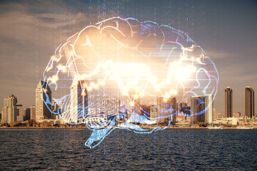 Brain hologram drawing on cityscape background multi exposure. Ai in modern city concept.