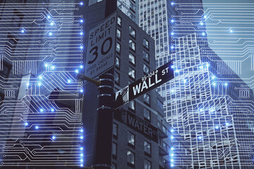 Double exposure of technology theme hologram and cityscape background. Concept of Hightech.