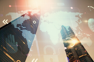 Map and data theme hologram on city view with skyscrapers background double exposure. International technology in business concept.