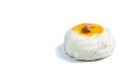 Chinese red beans pastry topping with cashew nut on the white background.