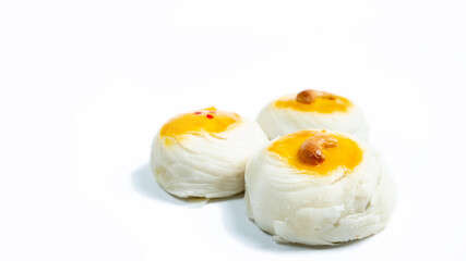 Chinese red beans pastry topping with cashew nut on the white background.