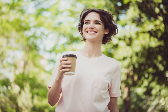 Photo of nice pretty adorable young lady beaming smile look side hold paper cup coffee tea spend free time enjoy sunny day weather positive thinking concept wear pink t-shirt park outdoors