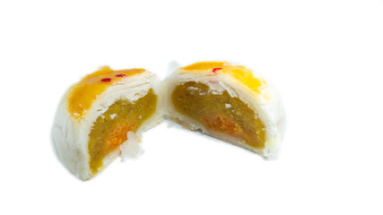 Chinese durian pastry sliced on the white background.