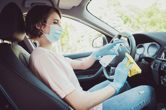 Profile Side Photo Girl Car Driver Rider Sit Cabin Disinfect Covid Infection Steering Wheel Antibacterial Bottle Rag Wear Blue Latex Gloves Respiratory Mask In Town Center Journey Trip