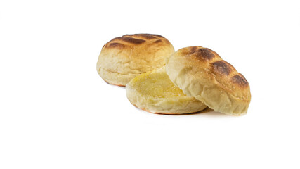 Round bun charcoal grilled serve with crispy bread skin, isolated on the white background.