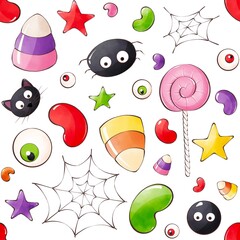 Pattern on Halloween. Pink, yellow, orange, green, red and purple candies, stars and lollipop. Green and red eyes. Black cat and small spider and spider web.