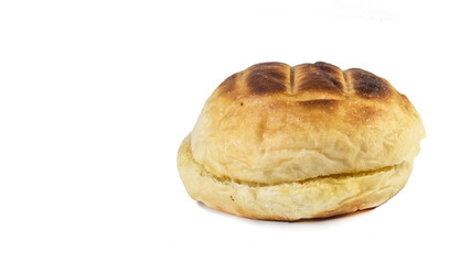 Round bun charcoal grilled serve with crispy bread skin, isolated on the white background.