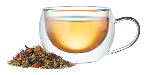 Glass cup of tea with dry tea leaves isolated on white