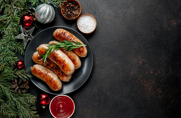 
Christmas sausages with spices on a black plate on a stone background with Christmas trees and...