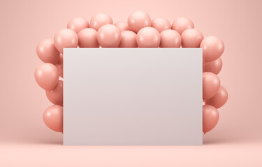 Obraz premium Pink balloons in a pink interior around a white board. 3d render illustration. Illustrations for advertising.