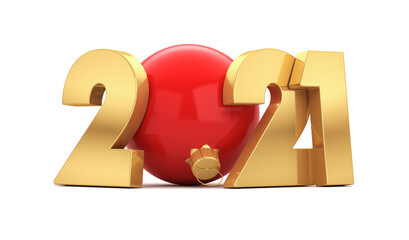 New year 2021. New year golden inscription 2021 and a red ball. 3d rendering.