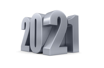 Happy New Year 2021. Metallic stylish shiny inscription 2021 on white background. 3d rendering. New Year's illustration for advertising.