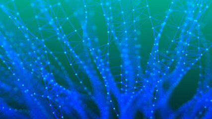 Wave form of dots and lines. Abstract mesh. 3D rendering.