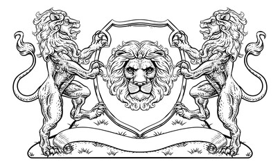 A crest coat of arms family shield seal featuring lions and knights crowned helmet