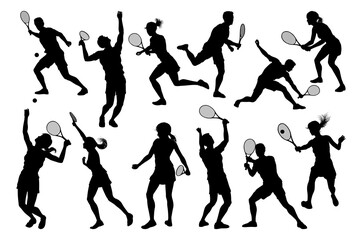 A set of tennis player man and woman silhouette sports people design elements