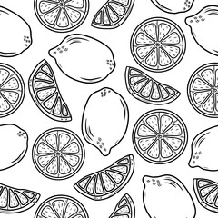 Seamless pattern with hand drawn lemons on a white background. Doodle, simple outline illustration. It can be used for decoration of textile, paper and other surfaces.