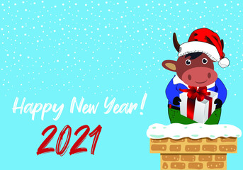 New Year and Christmas card. The bull sits on the chimney with a gift