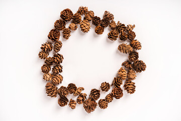Round frame made of pine cones. Christmas concept, background for copy space
