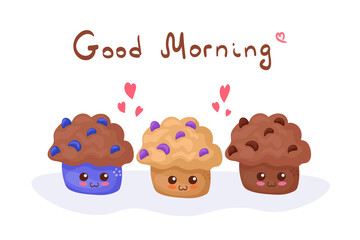 Cute muffins with raisins, blueberry & chocolate isolated on white background. Funny sweet food characters illustration for children menu, card, fabric print, cooking poster. Adorable dessert concept.