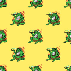 SMOKING TOAD WITH FAN COLOR SEAMLESS PATTERN YELLOW BACKGROUND