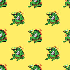 SMOKING TOAD WITH FAN COLOR SEAMLESS PATTERN YELLOW BACKGROUND