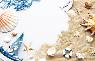 Seashells on sand. Travel concept