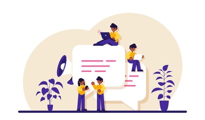Chat easily. Speech bubbles for comment and reply. Small people chatting online. Guys and woman sitting on big symbols of chat. Modern flat illustration.