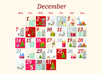 holiday calendar for december. winter illustration in flat style