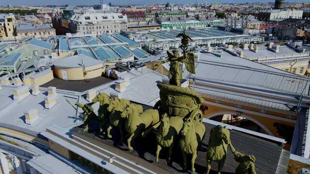 The Chariot of Glory atop the General Staff's arch is one of the most remarkable monuments of St. Petersburg. Aerial shot