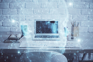 Multi exposure of work space with computer and human brain hologram. Brainstorm concept.