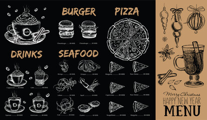 Christmas menu cafe. Restaurant menu. Food flyer.