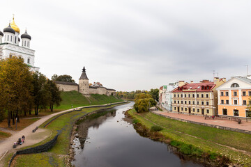 Pskov. Pskov Kremlin (Krom). A block with new housing. Pskov river.