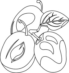 Three purple plums with leaves.