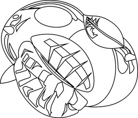 Mango with a twig and a leaf and a cut piece.