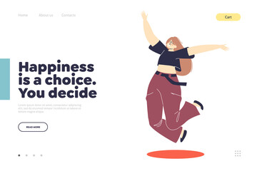 Choosing happiness landing page concept with happy cheerful girl jumping with joy