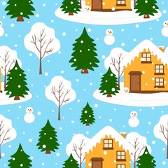 Obraz na płótnie Canvas Seamless pattern Winter landscape house with Christmas trees and snowman vector illustration.