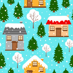 Seamless pattern winter houses with Christmas trees and snowman vector illustration.