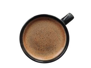 A Cup of strong black coffee. Close up. Top view on a white background