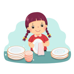 Vector illustration cartoon of a little girl drying the dishes at kitchen counter. Kids doing housework chores at home concept.