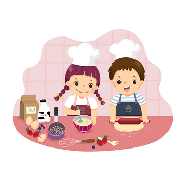 Vector Illustration Cartoon Of Siblings Baking Together At Kitchen Counter. Kids Doing Housework Chores At Home Concept.