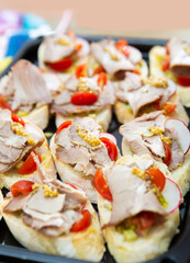 appetiser, ham sandwich with paprika and French mustard on white bread