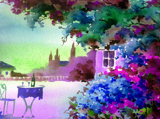 Watercolor colorful bright textured abstract background handmade . Mediterranean landscape . Painting of architecture and vegetation of the sea coast , made in the technique of watercolors from nature