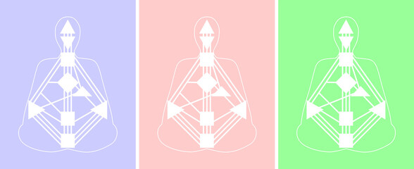 Vector image on the theme of human design. White bodygraphs on colored backgrounds.