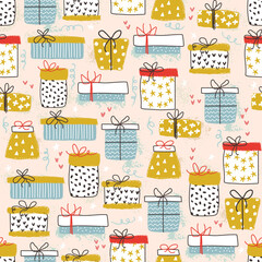 Gift boxes seamless vector pattern in doodle and scandinavian style. Bright design of gift boxes for wrapping paper, postcards, websites, fabrics.