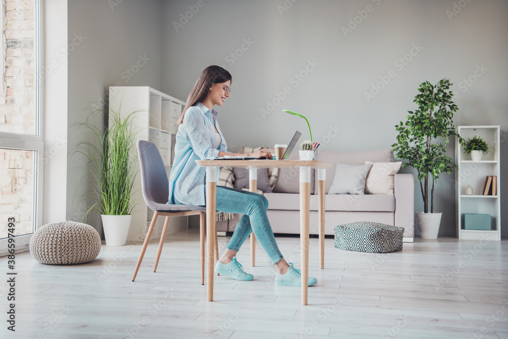 Sticker Photo of lovely cheerful girl sit desk work computer wear spectacles shirt jeans footwear in home office indoors