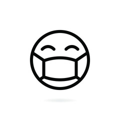 Round face emoji with medical mask line icon isolated on white background. Vector illustration