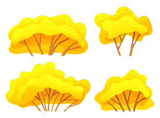 Yellow bright autumn tree or bush set with a lush crown, thin brown trunk and branches isolated on white. Vector illustration of big plant with foliage round shape, landscape element in cartoon style