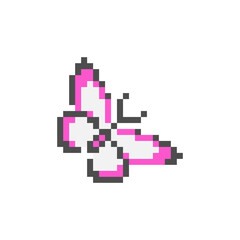 Pink butterfly pixels. Insect in Pixel art vector illustration.